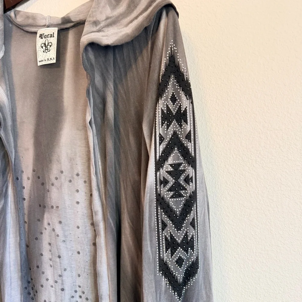 Vocal 100% Cotton embellished open front hooded Cardigan, fringed hem tie dye XL